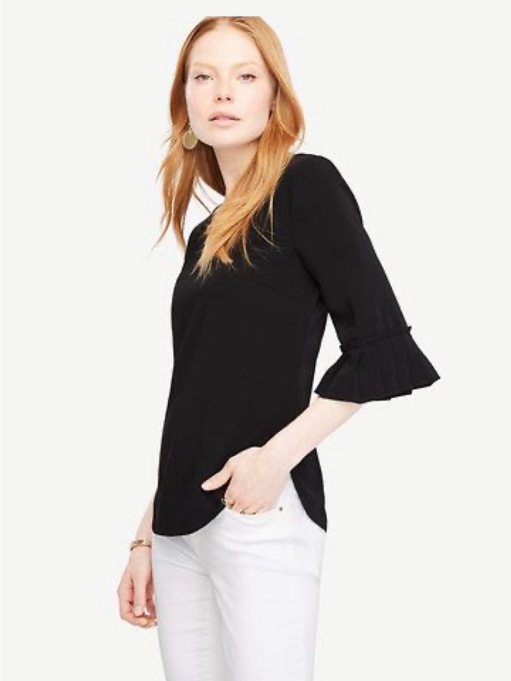 Ann Taylor Black Ruffle-Cuff Blouse